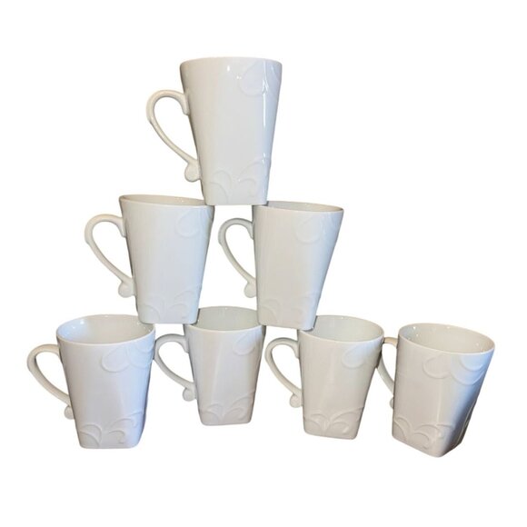 Set Of 7 Corelle Coordinates White Porcelain Mugs With Embossed Design - Picture 1 of 8